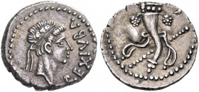 Juba II with Cleopatra Selene, 25 BC – AD 24. Denarius, Caesarea circa 11-23, AR 2.93 g. Diademed head r. Rev. Cornucopia and transverse sceptre SNG C...