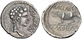 Juba II with Cleopatra Selene, 25 BC – AD 24. Denarius, Caesarea circa 11-23, AR 2.93 g. Diademed head r. Rev. Crocodile standing l. SNG Copenhagen 59...