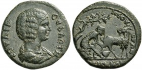 Cyzicus. Julia Domna, wife of Septimius Severus. Bronze circa 193-217, Æ 10.97 g. Draped bust r. Rev. Man sitting r. on rock pile, milking goat standi...