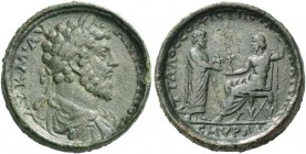 Smyrna. Marcus Aurelius, 161-180. Medallion, P. Kl. Attalos the sophist circa 169-175, Æ 26.20 g. ΑΥ Κ Μ ΑV ΑΝΤΩNΙΝΟС Laureate, draped and cuirassed b...