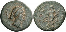 Cnidus. Pseudo-autonomous issues. Bronze circa 2nd century AD, Æ 15.54 g. Head of Aphrodite r. Rev. KNI – ΔΩN Dionysus standing l., holding kantharos ...