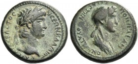 Thyatira. Nero, 54-68. Bronze circa 62, Æ 4.66 g. NEPΩN KΛAYΔΙOC KAICAP CEBACTOC Laureate head r. Rev. ΠOΠΠAIAN CEBACTHN ΘYATIPHNOI Draped bust of Pop...
