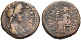 Eumena. Domitia, wife of Domitian. Bronze, Kl. Terent Hylla, high-priest(ess ?) circa 81-96, Æ 3.12 g. ΔOMITIA CE[BACT] Draped bust r. Rev. KΛ TEPENT ...
