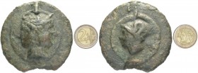 As circa 280-276, Æ 352.91 g. Janiform head of the Dioscuri, hair tied with band; above, mark of value. Rev. Head of Mercury l.; above, mark of value....