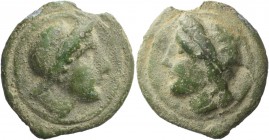 As circa 270, Æ 251.00 g. Apollo head r., hair tied with band; above mark of value, I. Rev. Apollo head l., hair tied with band l. Haeberlin. pl. 34, ...