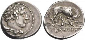 Didrachm, Neapolis (?) after 276, AR 7.18 g. Head of Hercules r., hair bound with ribbon, with club and lion’s skin over shoulder. Rev. She-wolf r., s...