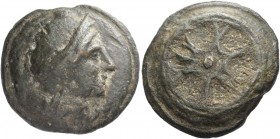 As circa 230, Æ 302.30 g. Head of Roma r., wearing Phrygian helmet; behind mark of value, I set horizontally. Rev. Six-spoked wheel; between two spoke...