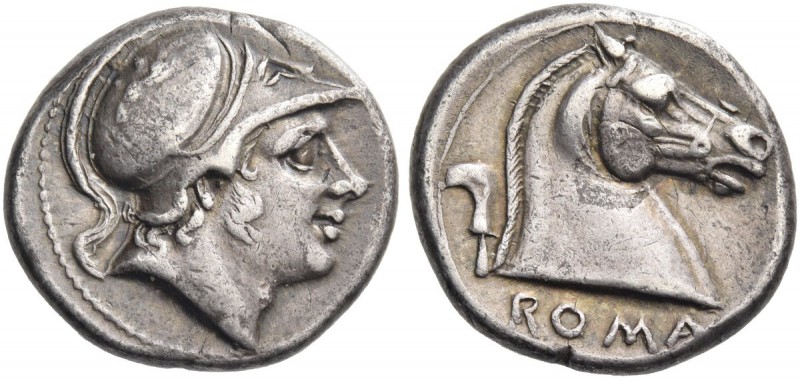 Didrachm circa 241-235, AR 6.70 g. Helmeted head of beardless Mars r., bowl deco...