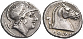Didrachm circa 241-235, AR 6.70 g. Helmeted head of beardless Mars r., bowl decorated with griffin. Rev. ROMA Bridled horse’s head r.; behind, sickle....