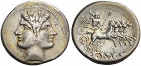 Quadrigatus circa 225-214, AR 6.58 g. Laureate Janiform head of Dioscuri. Rev. Jupiter, holding sceptre and hurling thunderbolt, in fast quadriga r. d...