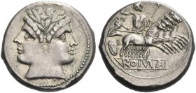 Quadrigatus circa 225-214, AR 6.59 g. Laureate Janiform head of Dioscuri. Rev. Jupiter, holding sceptre and hurling thunderbolt, in fast quadriga r. d...