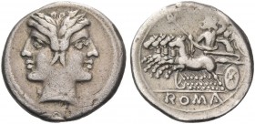 Half-quadrigatus or drachm circa 225-212, AR 3.28 g. Laureate Janiform head of Dioscuri. Rev. Jupiter in quadriga l. driven by Victory; in exergue, RO...