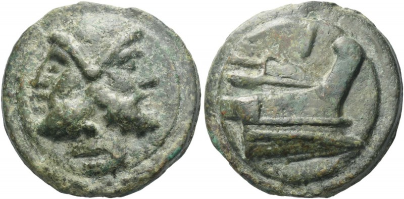 As circa 225-217, Æ 279.00 g. Head of Janus. Rev. Prow r.; above, mark of value,...