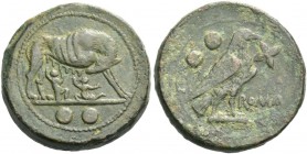 Sextans circa 217-215, Æ 24.76 g. She-wolf suckling twins; in exergue, two pellets. Rev. ROMA Eagle standing r., holding flower in beak; behind, two p...