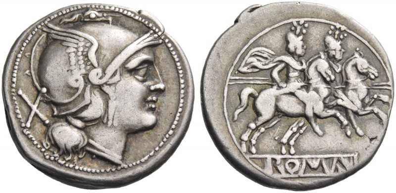 Denarius circa 214-213, AR 4.20 g. Helmeted head of Roma r.; behind, X. Rev. Dio...