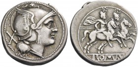 Denarius circa 214-213, AR 4.20 g. Helmeted head of Roma r.; behind, X. Rev. Dioscuri galloping r.; in exergue, ROMA partially incuse on raised tablet...