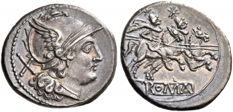 Denarius after 211, AR 3.83 g. Helmeted head of Roma r.; behind, X. Rev. The Dio...