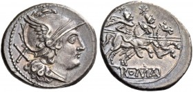 Denarius after 211, AR 3.83 g. Helmeted head of Roma r.; behind, X. Rev. The Dioscuri galloping r.; below, ROMA in linear frame. Sydenham 311. RBW –. ...