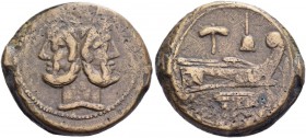 As, Central Italy circa 211-208, Æ 48.51 g. Laureate head of Janus; above, mark of value. Rev. Prow r.; above, apex and hammer and before, mark of val...