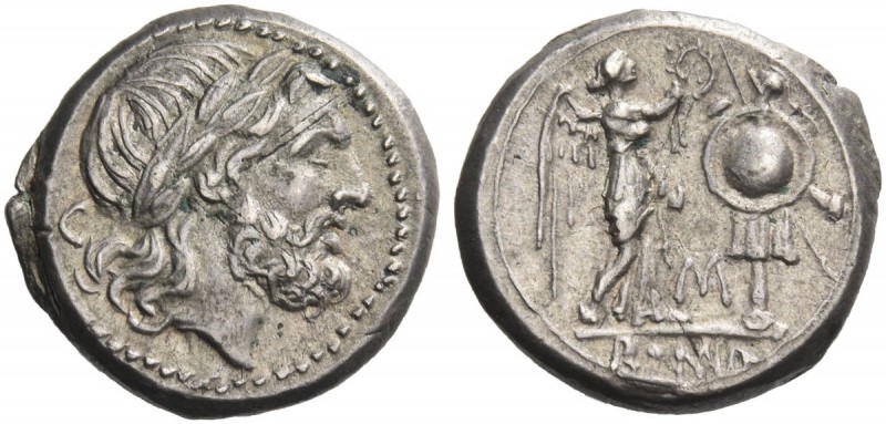 Victoriatus, Sicily circa 211-208, AR 3.38 g. Laureate head of Jupiter r.; behin...