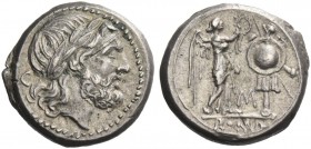 Victoriatus, Sicily circa 211-208, AR 3.38 g. Laureate head of Jupiter r.; behind, C. Rev. Victory standing r., crowning trophy; in field, M and in ex...