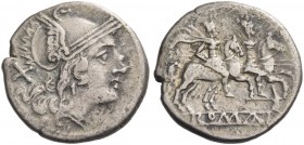 Denarius, Sicily circa 209-208, AR 4.06 g. Helmeted head of Roma r.; behind, X. Rev. The Dioscuri galloping r.; below, dolabella and ROMA in linear fr...