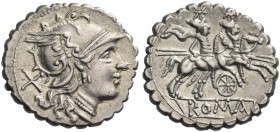 Denarius, Sicily (?) circa 209-208, AR 4.23 g. Helmeted head of Roma r.; behind, X. Rev. The Dioscuri galloping r.; below, six-spoked wheel. In exergu...