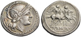 Quinarius, South East Italy circa 211-210, AR 2.19 g. Helmeted head of Roma r.; behind, V. Rev. The Dioscuri galloping r.; below, H and in exergue, RO...