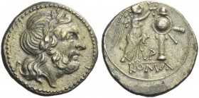 Victoriatus, uncertain mint circa 211-208, AR 3.09 g. Laureate head of Jupiter r. Rev. Victory crowning trophy; in lower field, VB ligate and in exerg...