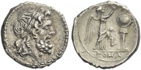 Victoriatus, Luceria circa 214-212, AR 3.04 g. Laureate head of Jupiter r. Rev. Victory crowning trophy; in lower field, L and in exergue, ROMA. Syden...