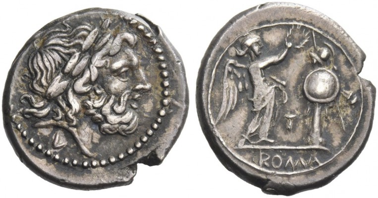 Victoriatus, Luceria circa 214-212, AR 2.78 g. Laureate head of Jupiter r.; belo...
