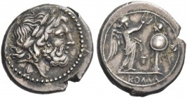 Victoriatus, Luceria circa 214-212, AR 2.78 g. Laureate head of Jupiter r.; below, L. Rev. Victory crowning trophy; in lower field, T and in exergue, ...