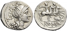 Denarius, uncertain mint circa 206-200, AR 3.62 g. Helmeted head of Roma r.; behind, X. Rev. The Dioscuri galloping r.; below, shield and carnyx; in e...