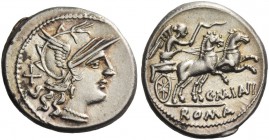 C. Maianius. Denarius 153, AR 3.80 g. Helmeted head of Roma r.; behind, X. Rev. Victory in biga r., holding whip and reins; below, C MAIANI; in exergu...