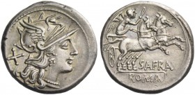 S. Afranius. Denarius 150, AR 3.98 g. Helmeted head of Roma r.; behind, X. Rev. Victory in prancing biga r.; below, SAFRA and ROMA in partial tablet. ...