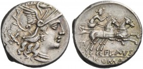 Decimius Flavus. Denarius 150, AR 3.80 g. Helmeted head of Roma r.; behind, X. Rev. Victory in biga prancing r.; below, FLAVS and ROMA in partial tabl...