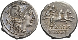 Pinarius Natta. Denarius 149, AR 3.76 g. Helmeted head of Roma r.; behind, X. Rev. Victory in biga r., holding reins and whip; below, NATTA; in exergu...