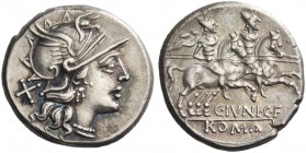 C. Iunius C.f. Denarius 149, AR 3.83 g. Helmeted head of Roma r., behind, X. Rev. The Dioscuri galloping r.; below horses, C·IVNI·C·F and ROMA in part...