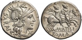 M. Atilius Serranus. Denarius 148, AR 3.75 g. Helmeted head of Roma r., behind, SARAN and below chin, X. Rev. The Dioscuri galloping r.; below horses,...