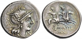M. Atilius Serranus. Denarius 148, AR 4.03 g. Helmeted head of Roma r., behind, SARAN and below chin, X. Rev. The Dioscuri galloping r.; below horses,...