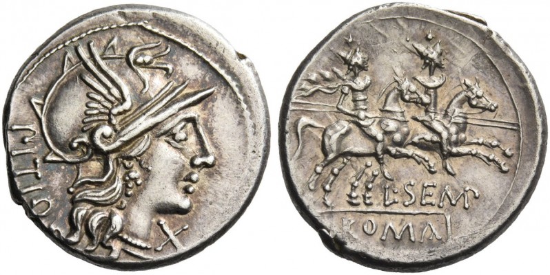 L. Sempronius Pitio. Denarius 148, AR 4.01 g. Helmeted head of Roma r.; before, ...