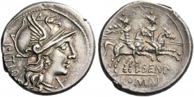L. Sempronius Pitio. Denarius 148, AR 4.01 g. Helmeted head of Roma r.; before, X; behind, PITIO. Rev. The Dioscuri galloping r.; below, L SEMP; in ex...
