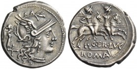 C. Terentius Lucanus. Denarius 147, AR 3.92 g. Helmeted head of Roma r., wreathed by Victory standing r. behind her. In lower l. field, X. Rev. The Di...