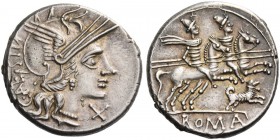 C. Antesti. Denarius 146, AR 4.07 g. Helmeted head of Roma r.; behind, C·ANTESTI and below chin, X. Rev. The Dioscuri galloping r.; below horses, pupp...