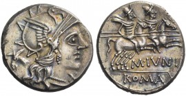 M. Iunius. Denarius 145, AR 4.08 g. Helmeted head of Roma r.; before, X; behind, ass's head. Rev. The Dioscuri galloping r.; below, M IVNI; in exergue...