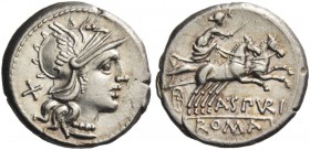 A. Spurius or A. Spurilius. Denarius 139, AR 3.92 g. Helmeted head of Roma r.; behind, X. Rev. Luna in fast biga r.; below, A·SPVRI and ROMA in partia...