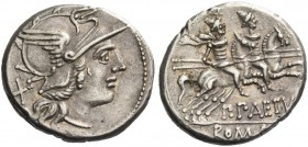 P. Paetus. Denarius 138, AR 4.01 g. Helmeted head of Roma r.; behind, X. Rev. The Dioscuri galloping r.; below, P·PAETVS and in exergue, ROMA. Babelon...