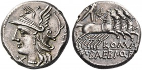 M. Baebius Q.f. Tampilus. Denarius 137, AR 4.06 g. Helmeted head of Roma l., wearing necklace of beads; below chin, X. Behind, [TAMPIL]. Rev. Apollo i...