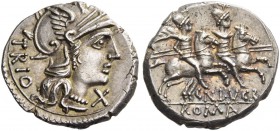 Cn. Lucretius Trio. Denarius 136, AR 3.99 g. Helmeted head of Roma r.; below chin, X and behind, TRIO. Rev. The Dioscuri galloping r., below, CN·LVCR....