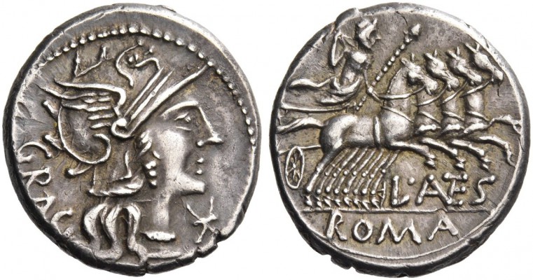 L. Antestius Gragulus. Denarius 136, AR 3.86 g. Helmeted head of Roma r.; below ...